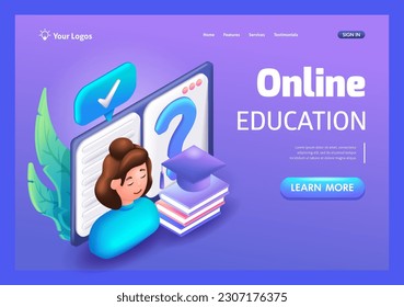 3D icons Isometric, cartoon. Young girl, a student, an applicant, studying online. Gets an education. Institute, Courses, webinars. Trending Landing Page