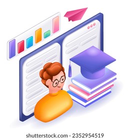 3D icons Isometric, cartoon. Young Red-haired boy with freckles in glasses is studying online. Institute, education, Courses, webinars. For Landing Page