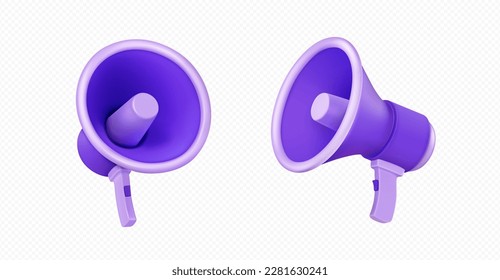 3d icons of loudspeaker, megaphone. Loud speaker symbol of announce, media, marketing, warning messages and promotion campaign, vector illustration isolated on transparent background. 3D Illustration