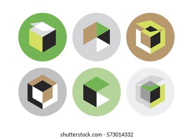 3d icons made of perspective cubes and shapes with open closed and folded pieces. Vector icon set.