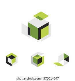 3d icons made of perspective cubes and shapes with open closed and folded pieces. Vector icon set.