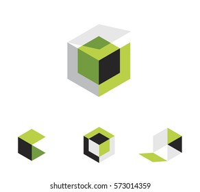 3d icons made of perspective cubes and shapes with open closed and folded pieces. Vector icon set.