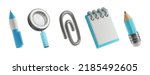 3d icons of objects for training and office, icons of stationery magnifying glass, paper clip and pencil with notepad. Vector illustration of render signs on a white isolated background