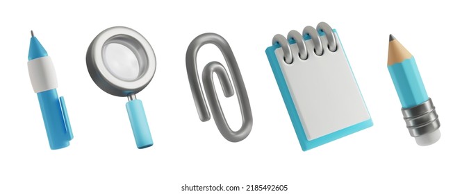 3d icons of objects for training and office, icons of stationery magnifying glass, paper clip and pencil with notepad. Vector illustration of render signs on a white isolated background