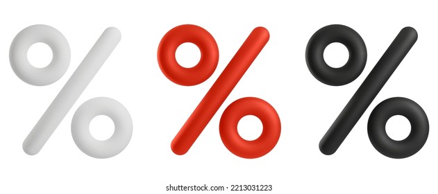 Los iconos 3d del signo porcentual son rojos, blancos y negros sobre un fondo aislado. Símbolo realista de venta y descuentos