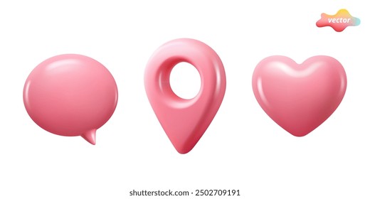 3d icons of pink mark location, chat box and heart. Locate pin gps map. Plastic cartoon style. 3d vector elements isolated on white background