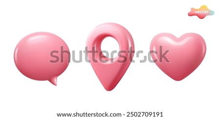 3d icons of pink mark location, chat box and heart. Locate pin gps map. Plastic cartoon style. 3d vector elements isolated on white background