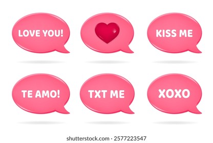 3d icons of pink speech bubbles with Love You quote on it. Kiss me, te amo xoxo and txt me quotes