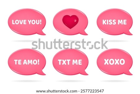 3d icons of pink speech bubbles with Love You quote on it. Kiss me, te amo xoxo and txt me quotes