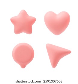 3D icons of pink star, heart, speech bubble and arrow. Realistic social media icon, emoji reaction. Vector symbol for online communication. Plastic cartoon balloon style object isolated on white