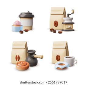 3d icons. Plastic takeaway latte cup, paper bag with coffee beans, coffee grinder, espresso. Cupcake, bun and donut. Compositions. Collection. Vector illustration isolated on white background.