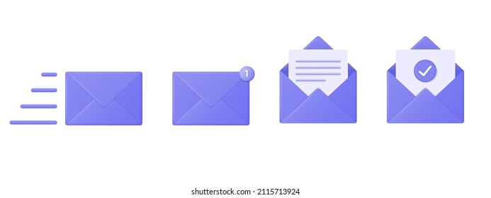 3d icons of a purple mail envelope with a new message marker. Email notification with a checkmark. vector illustration isolated on white background.