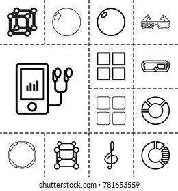 3d icons. set of 13 editable outline 3d icons such as cube, 3d glasses, bowling ball, pie chart, mp3 player, treble clef