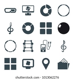 3d icons. set of 16 editable filled 3d icons such as cube, 3d glasses, hoop, atom on display, pie chart, treble clef, document in folder, location pin, bowling ball
