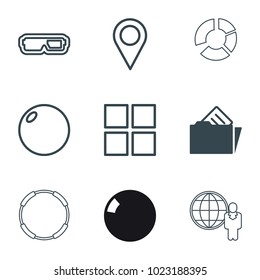 3d icons. set of 9 editable filled and outline 3d icons such as document in folder, cube, 3d glasses, bowling ball, location pin, hoop, globe and man