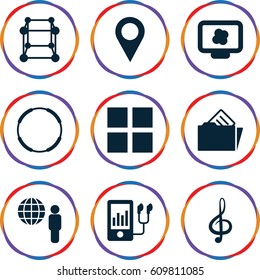 3d icons set. set of 9 3d filled icons such as mp3 player, treble clef, document in folder, location pin, globe and man, atom on display, cube