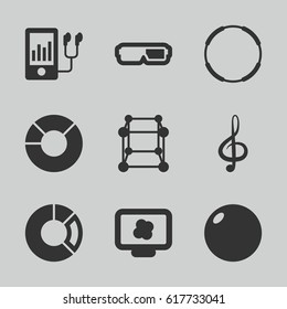 3d icons set. set of 9 3d filled icons such as mp3 player, treble clef, pie chart, atom on display, 3d glasses, cube, bowling ball