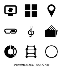3d icons set. set of 9 filled icons such as treble clef, document in folder, location pin, pie chart, atom on display, 3d glasses, cube