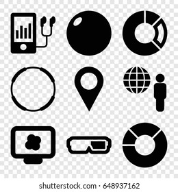 3d icons set. set of 9 3d filled icons such as mp3 player, location pin, globe and man, pie chart, atom on display, 3d glasses, bowling ball