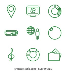 3d icons set. set of 9 3d outline icons such as treble clef, document in folder, location pin, atom on display, bowling ball, 3d glasses, globe and man