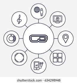 3d icons set. set of 9 3d outline icons such as mp3 player, treble clef, location pin, cube, atom on display, hoop, 3d glasses, globe and man