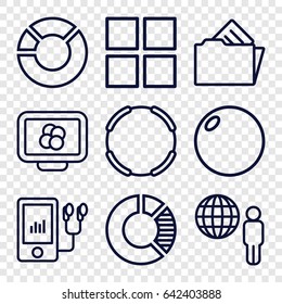 3d icons set. set of 9 3d outline icons such as mp3 player, document in folder, cube, atom on display, bowling ball, hoop, globe and man