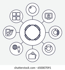 3d icons set. set of 9 3d outline icons such as mp3 player, document in folder, cube, atom on display, bowling ball, hoop, globe and man