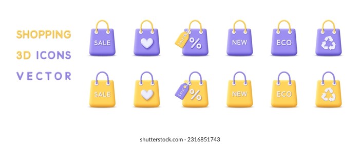 3d icons set bag for shop. Render 3d bag icons for online shopping, sale, eco, new product and favorite, discount card and recycle package concept. 3d rendering cartoon bag icons. Vector illustration