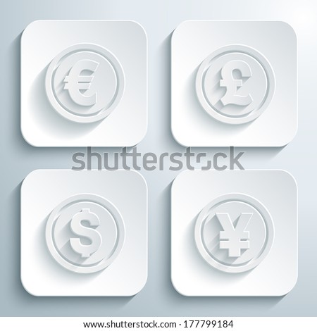 3D icons set - coin dollar, euro, pound, yen or yuan. White app buttons. Eps10 [[stock_photo]] © 