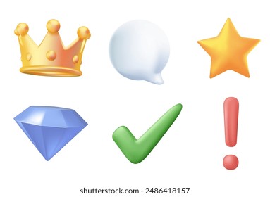 3D icons set, crown, brilliant, speaking bubble, exclamation shape set. 3D checkmark, star, highlight, speech bubble, sparkle element. Vector illustration 3D icons