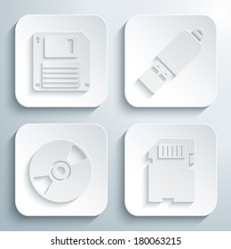 3D icons set - floppy diskette, flash drive, compact disk, memory card . White app buttons. Eps10