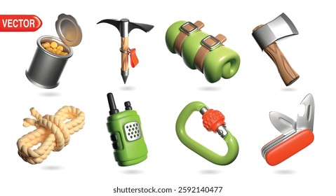 3D icons set includes a variety of camping and adventure tools, including a canned food, pickaxe, backpack, axe, rope, walkie-talkie, carabiner, and Swiss army knife. 3D illustration vector.
