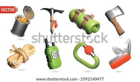 3D icons set includes a variety of camping and adventure tools, including a canned food, pickaxe, backpack, axe, rope, walkie-talkie, carabiner, and Swiss army knife. 3D illustration vector.
