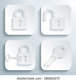 3D icons set - lock, unlock and key. White app buttons. Eps10