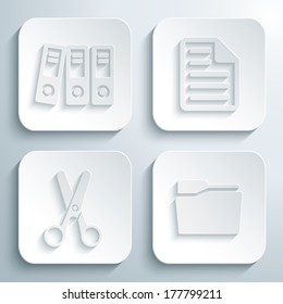 3D icons set - office folders, document, stationery scissors, folder. White app buttons. Eps10