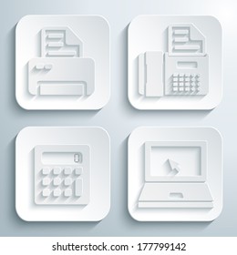 3D icons set - printer, fax machine, calculator, laptop. White app buttons. Eps10