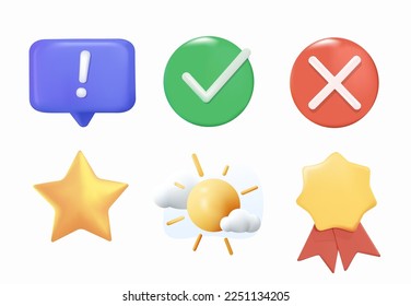 3D icons set in realistic cartoon style checkmark, yes tick, no symbol, golden star, sun and clouds, badge award symbols for UI UX design. Vector render illustration