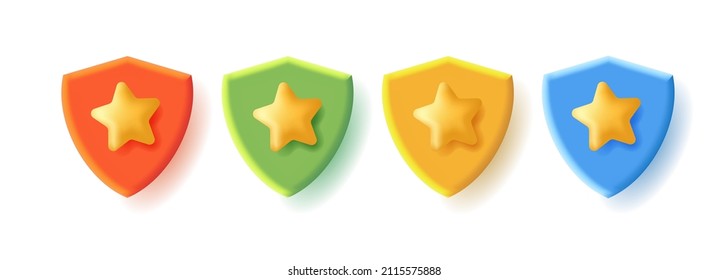  Iconos 3d conjunto de un escudo con estrella en diferentes colores, aislados