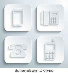 3D icons set - smart phone, office telephone, retro telephone, mobile phone. White app buttons. Eps10