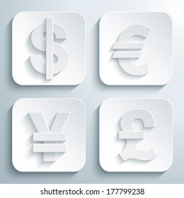 3D icons set - symbol dollar, euro, pound, yen or yuan. White app buttons. Eps10