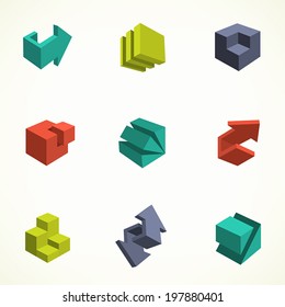 3d icons set. Vector illustration of abstract arrows and cubes, low poly style. Design element for poster, flyer, cover, brochure. Polygonal geometric figures. Logo design.