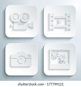 3D icons set - video camera, film, photo camera, photo. White app buttons. Eps10