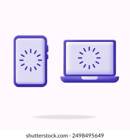 3D icons of a smartphone and laptop with loading screens. Perfect for illustrating tech support, software updates, and online services. for websites and apps related to technology and IT solutions.