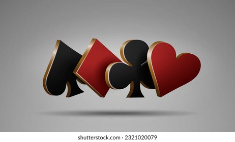 3D icons of suits in gold, red and black on poker cards: hearts, diamonds, spades and crosses. A concept for a casino.