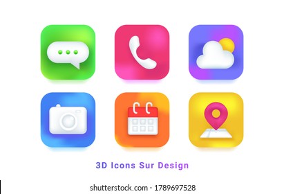 3d icons sur design symbols for mobile app. Realistic icons set of chat, phone, weather broadcast, camera, calendar and map on colorful gradients with shadows for modern mobile applications and web