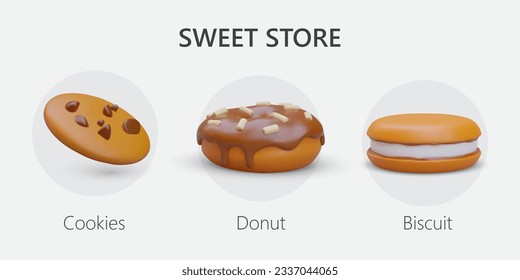 3D icons for sweets shop. Set of isolated vector textured illustrations with shadows and reflections. Chocolate chip cookies, donut with glaze and sprinkles, sandwich cookies