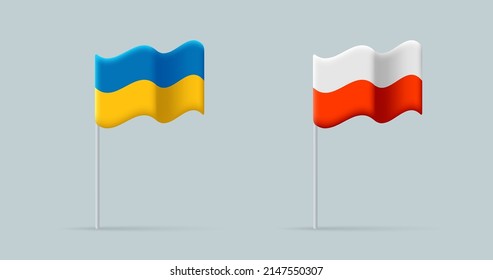 3d icons of Ukrainian and Polish flags, modern 3d render style