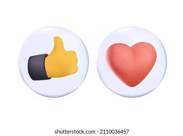 3d icons, volume thumb up gesture and heart as likes on red and blue circles. Thumbs and heart icon. Vector love and love icon. Like and like buttons ready for websites and mobile apps. 3D UI kit