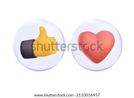 3d icons, volume thumb up gesture and heart as likes on red and blue circles. Thumbs and heart icon. Vector love and love icon. Like and like buttons ready for websites and mobile apps. 3D UI kit