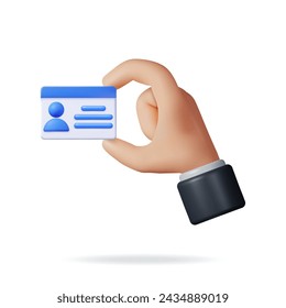 3D ID Card, Driver License or Plastic Card in Hand Isolated. Render Identity Card, National ID, Passport. Badge with Profile Photo and Text Lines. Realistic Vector Illustration